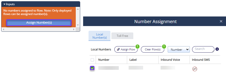 The Assign Numbers button from the Inputs section of the Configurations Panel is on the left, and the Number Assignment pop-up is on the right